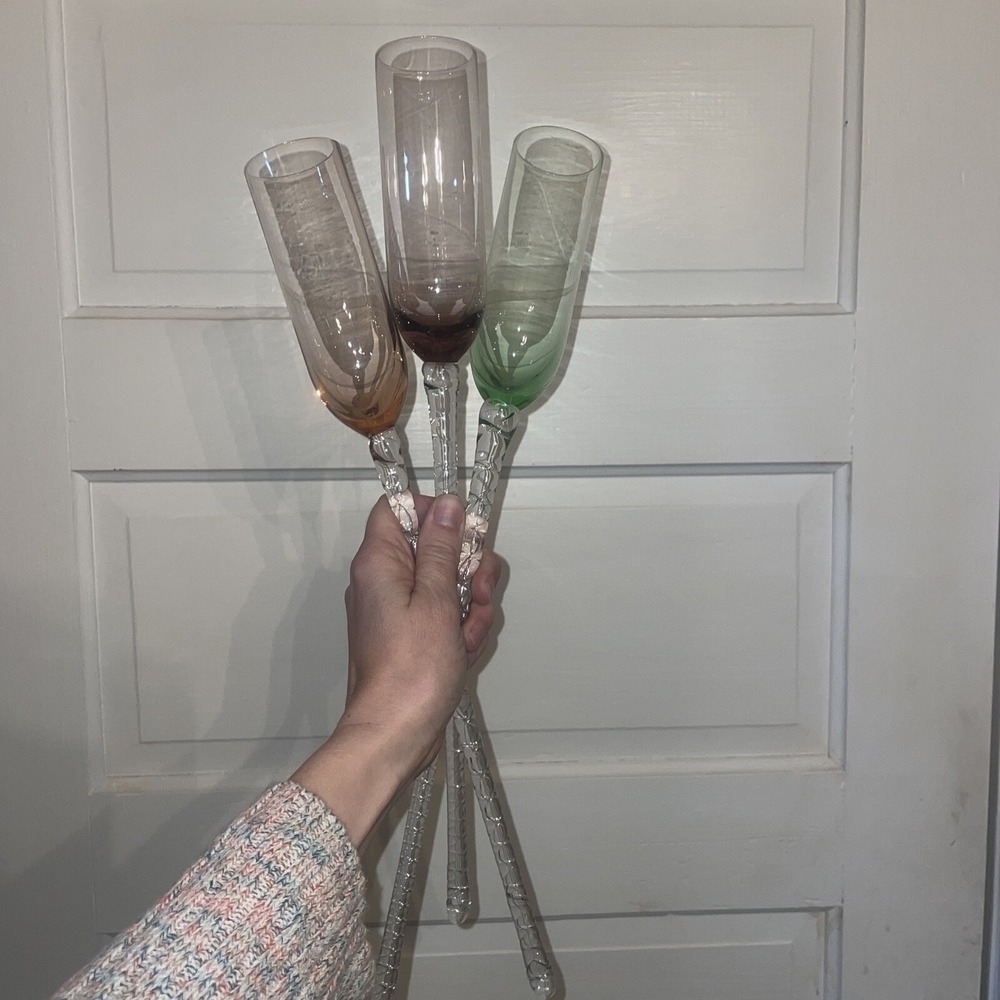 Trio Of Hand Blown Colorful Crystal Long Stem Footless Champagne Flutes Swirl